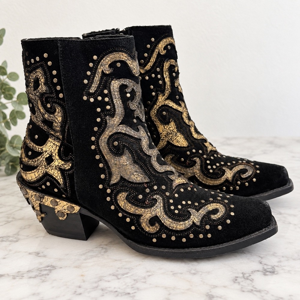 Corral Womens Black Suede Gold Metallic Studded Western Ankle Boots Z0062 8.5M